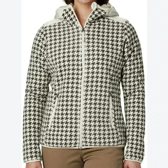 Columbia Jackets & Blazers - Columbia Houndstooth Fleece Hooded Full Zip Pocket Sz Small Cream&Gray
